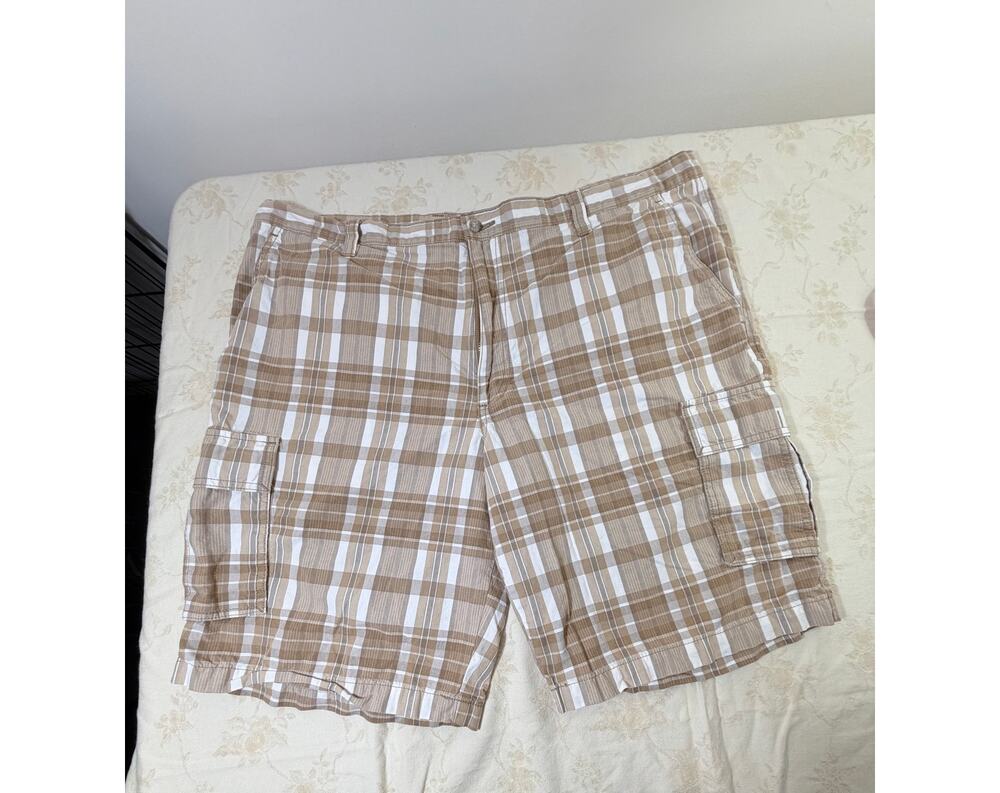 Dockers Mens Cargo Shorts Size 40 Tan Brown White Plaid Cotton Casual Pockets